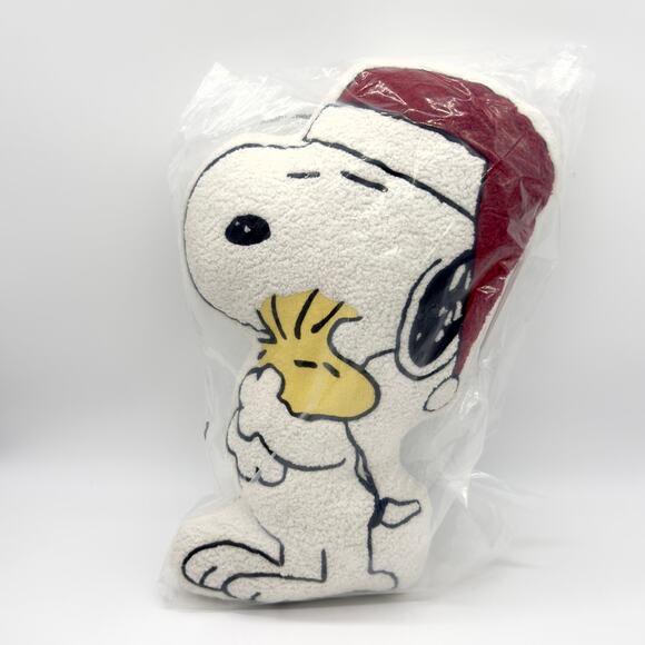 Peanuts Snoopy Wearing Santa Hat & Holding Woodstock Shaped Sherpa Pillow NEW